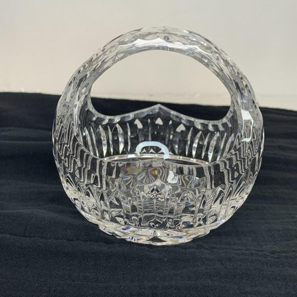 Lead Crystal Heavy Cut Glass Etched Flower Basket w/ Handle Candy Dish Decor - Picture 1 of 9